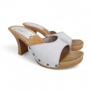 Vintage 1980s Candies White Leather Wooden Platform Mules Heels Sandals Studded